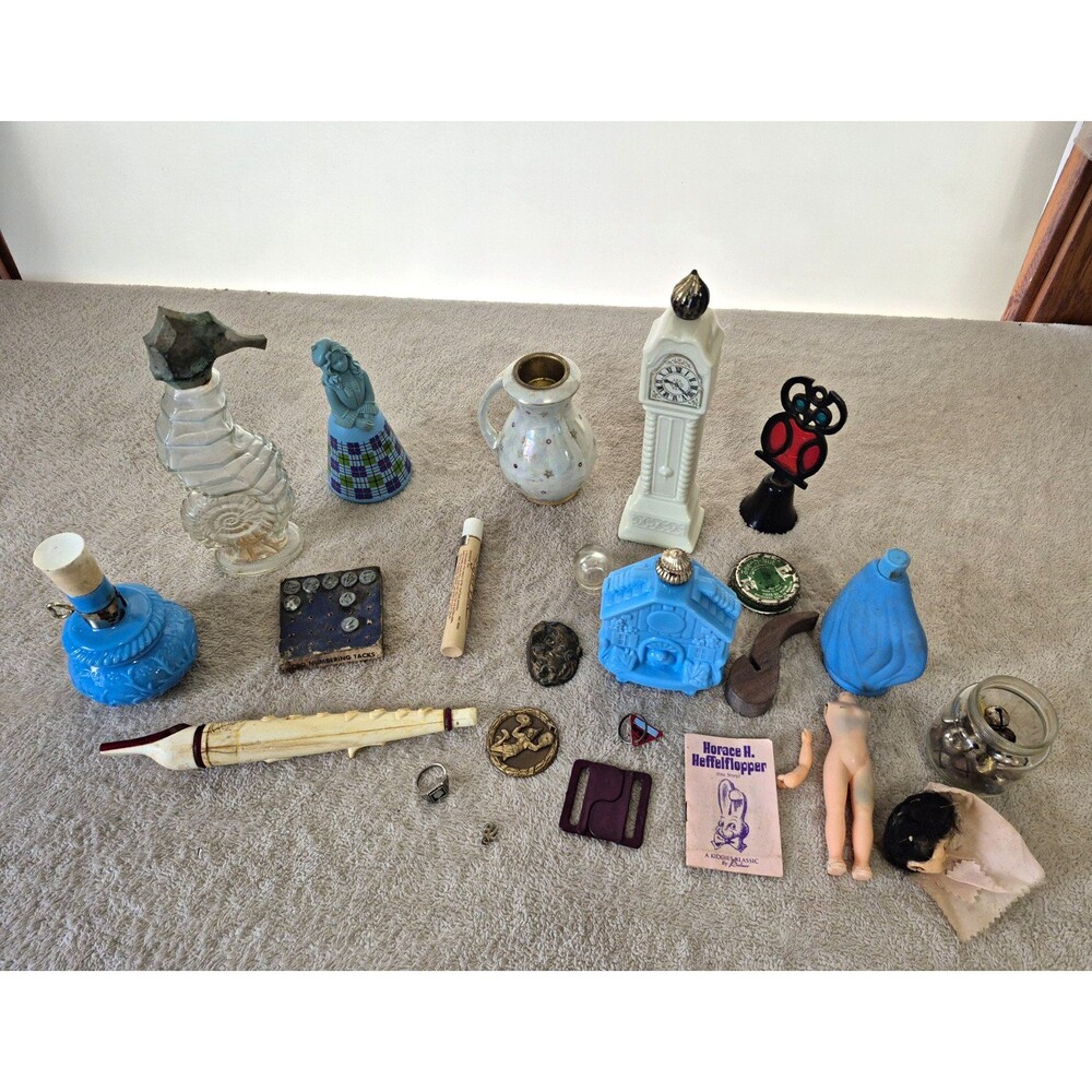 Vintage Avon & Odd Lot – Clock Bottle Full, 2 Blue Full, Doll, Seahorse, Pipe